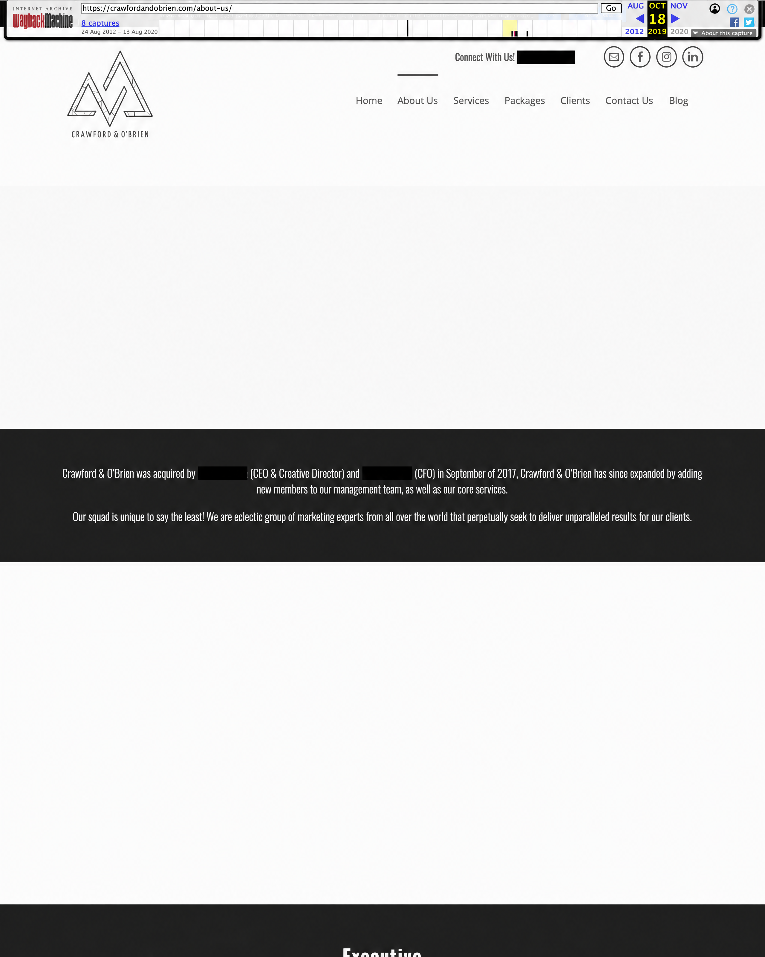 Internet Archive capture of the Crawford & O&rsquo;Brien About page, archived Oct 18, 2019: Crawford & O&rsquo;Brien was acquired in September of 2017
