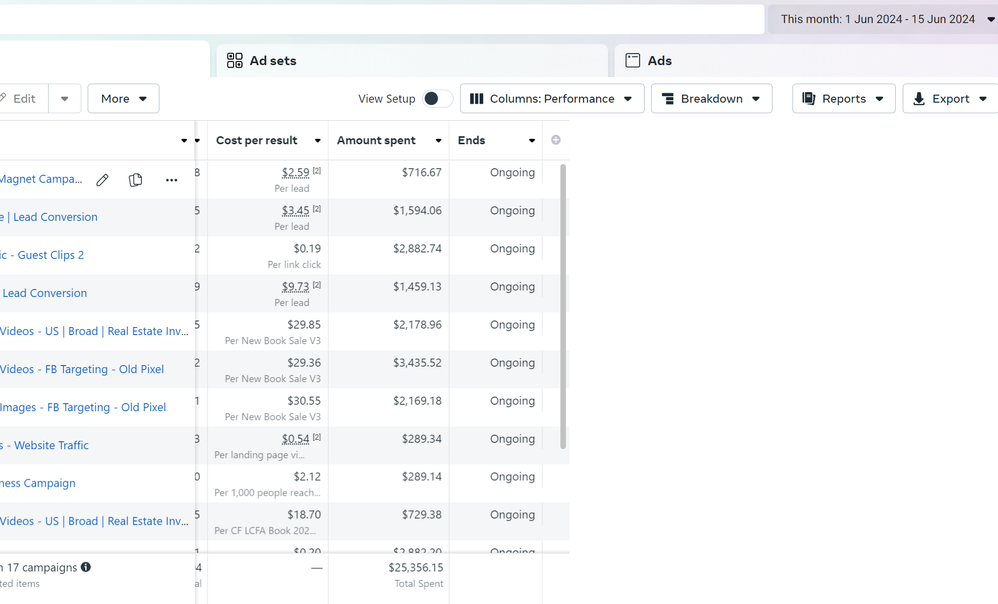 Meta Ads Manager, 15 days: cost per lead from $2.59 to $9.73, book sales at $29.36 to $30.55, $25,356.15 total spent across 17 campaigns