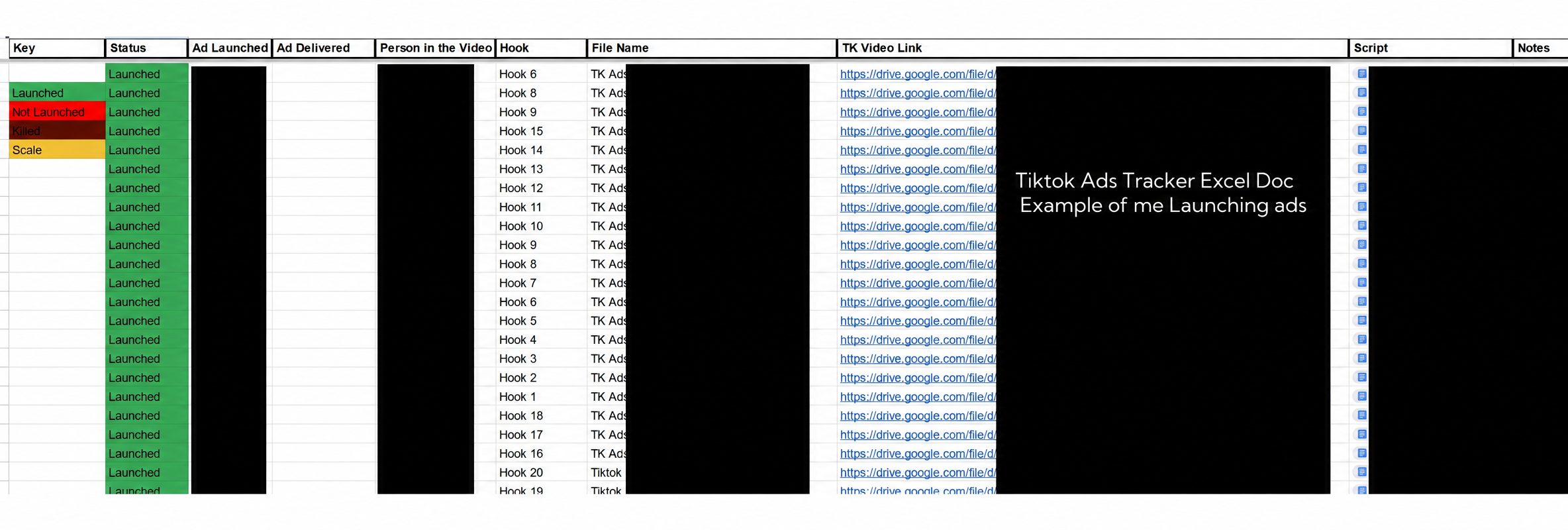TikTok ad tracker sheet: hooks 1 to 20 logged as launched in one day, with status colours for launched, killed and scale