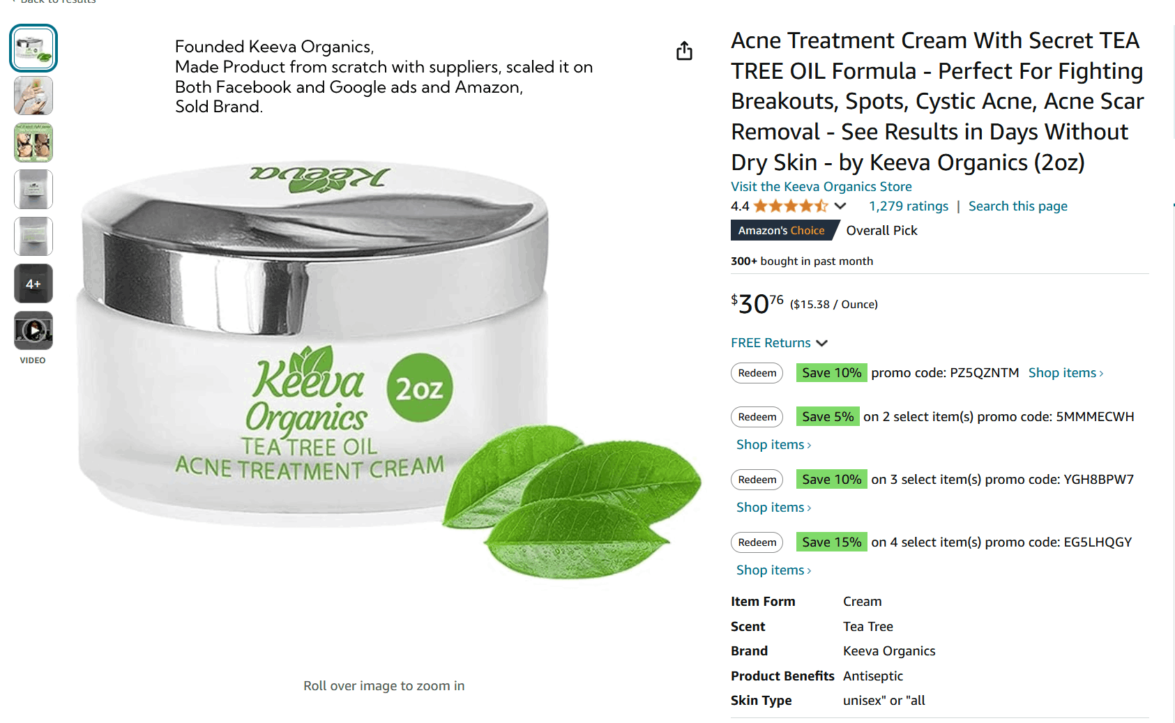 Amazon product listing: 4.4 stars from 1,279 ratings, 300+ bought in past month