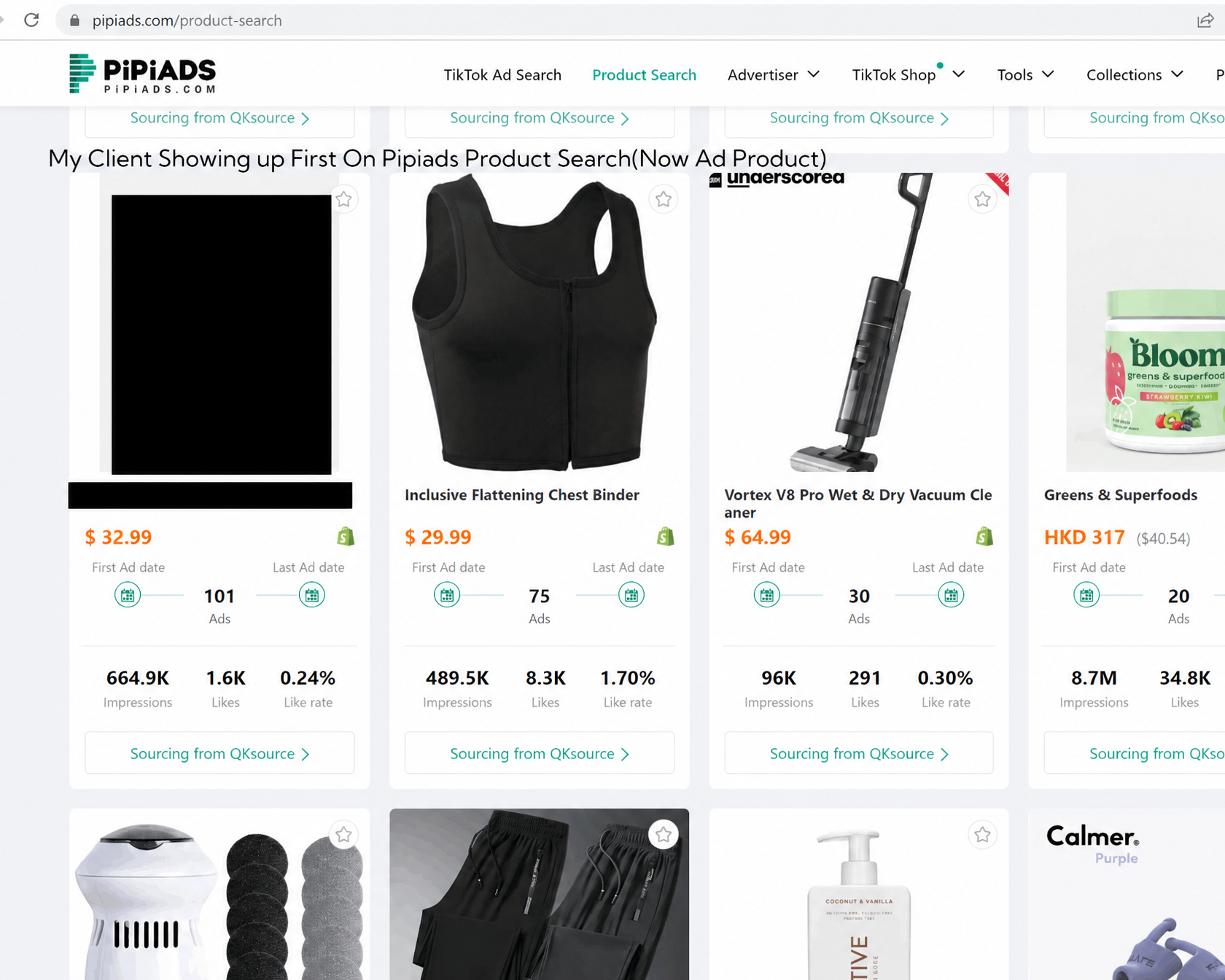 PiPiAds product search with a client's product showing first